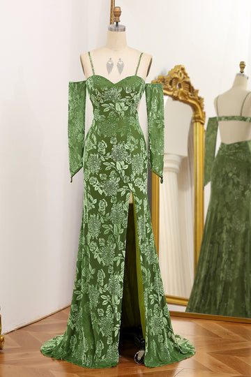 Floral Print Mermaid Spaghetti Straps Long Olive Prom Dress with Slit